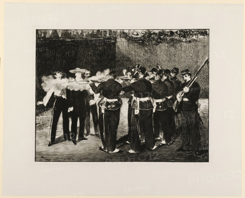 L'Exécution de Maximilien, 1867/68, chalk lithograph, cut out and mounted on carrier sheet, missing parts of the border line supplemented with (lithographic?) Chalk, not conditionable, because the leaf is cut out, leaf: largest mass: 33.2 x 43.6 cm, |, Image: 33.4 x 43.6 cm, in the stone u.l., signed: Manet, Edouard Manet, Paris 1832–1883 Paris