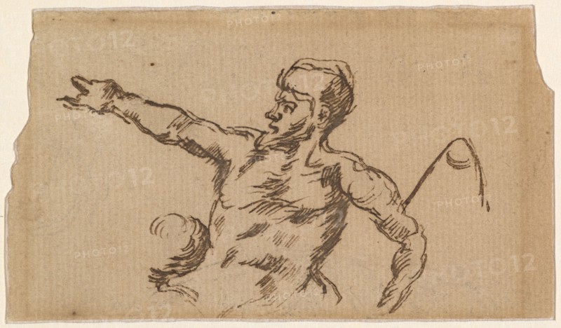 Soldier at a bathing place, after a copperplate engraving by Marcantionio Raimondi (1510) with three figures from Michelangelo's box of the Battle of Cascina, around 1864/68, feather (brown) on handmade paper, sheet: 6.1 x 10.6 cm (largest mass), Paul Cézanne, Aix-en-Provence 1839–1906 Aix-en-Provence