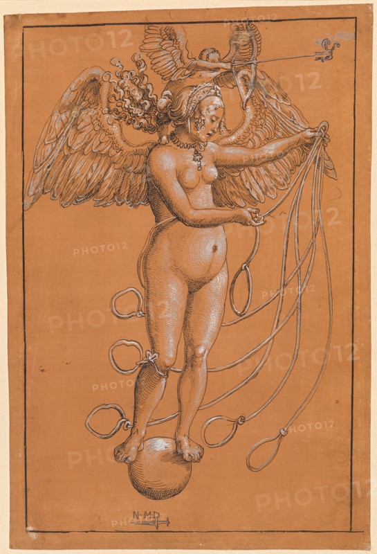Mrs. Venus, c. 1512, feather in black, heightened with white, on brown-green primed paper, folia: 31, 31.8 x 21 cm /21.5 cm, signed monogram: N.M.D ., underlying dagger, Niklaus Manuel gen. Deutsch, Bern um 1484–1530 Bern