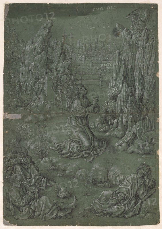 Christ on the Mount of Olives, c. 1500, pen in black, heightened with a brush white on green primed paper, later overpainting on the upper margin (which conceals a script?), Whole leaf old raised, folio: 44.8 x 31.1 cm, unmarked, Anonym, Niederlande, um 1500, Anonym, Niederrhein, um 1500, (alternative Zuschreibung / alternative attribution)