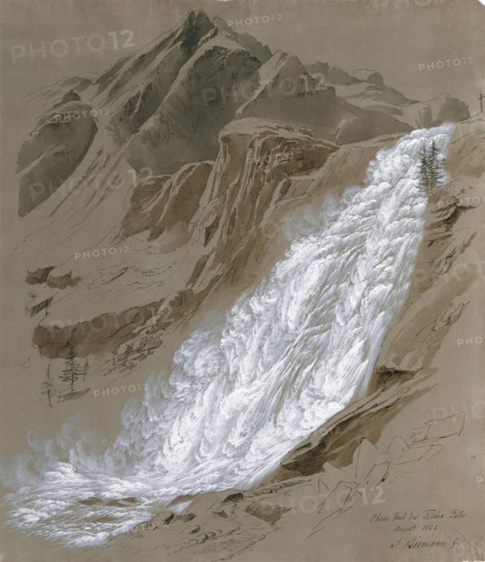 The upper part of the Cascata del Toce, August 1824, pencil and quill with ink, sepia washed, opaque white, on light gray paper, page: 48.6 x 43 cm, U. r., inscribed with pen, dated and signed: upper part of toccia = case., August 1824., S. Birmann., f, ., Samuel Birmann, Basel 1793–1847 Basel