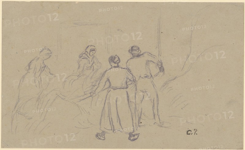 Farmer and three peasant women at the hay harvest, ink pen on light gray paper, verso: ink stick, sheet: 13.6 x 22.4 cm, U. r., monogrammed in pencil: C.P ., on the back u., l, ., monogrammed in pencil: C.P., Camille Pissarro, Charlotte Amalie, St.Thomas/Danish Virgin Island 1830–1903 Paris