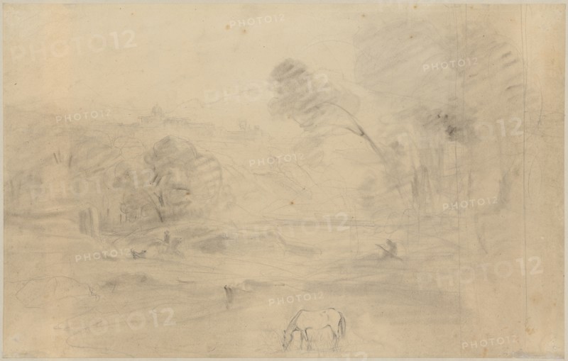 Roman Campagna with distant view of San Pietro in Montorio, 1827, pen over pencil on brownish paper, verso: pencil, sheet: 23.6 x 37.4 cm, on the back and on the back., M. inscribed and dated in pencil: S-Pietro in montorio, mars 1827, Jean-Baptiste Camille Corot, Paris 1796–1875 Paris