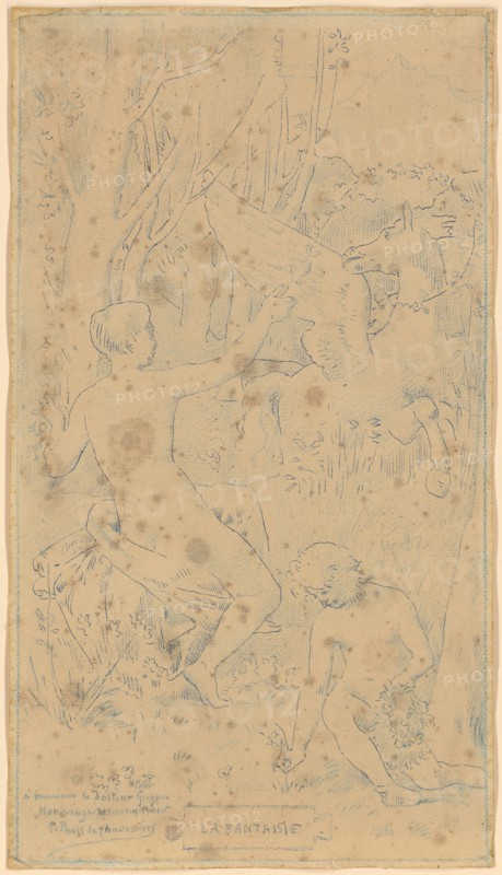 Composition study on La Fantaisie, feather in blue and colored pencil in blue, Frame in blue pencil, sheet: 33.9 x 19.2 cm |, Leaf: Frame: 33.3 x 18.5 cm (largest mass), U. l., dedicated to blue pencil: à monsieur le Docteur Guyen, Homage reconnaissant, P. Puvis de Chavannes, u, ., M. inscribed: LA FANTAISIE [framed], Pierre Puvis de Chavannes, Lyon 1824–1898 Paris