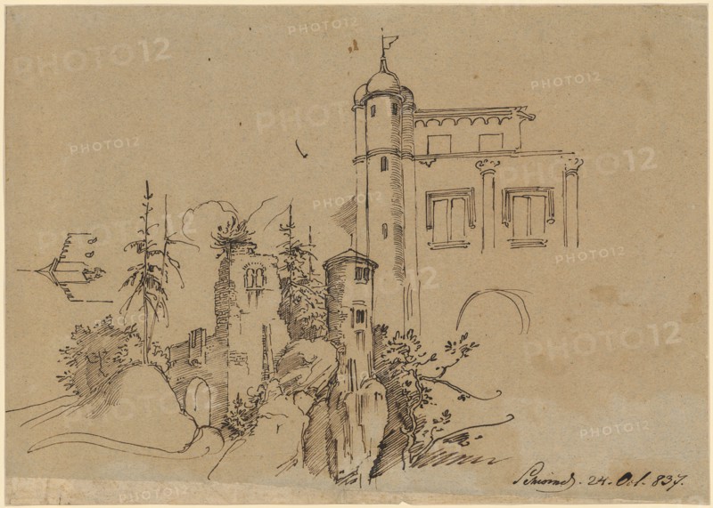 Castle and ruin on rocky heights, 1837, pen with ink in brown on gray paper, sheet: 20.2 x 28.5 cm, U. r., Signed and dated by pen: Schwind, 24 Oct., 837th, Moritz von Schwind, Wien 1804–1871 Niederpörking b. München