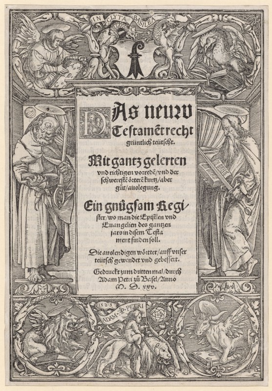 Title enclosure with the hl., Peter and Paul, the coat of arms of Basel and the motto of Adam Petri, 1522, woodcut, sheet: 25.1 x 17.2 cm |, Image: 24.3 x 16.6 cm, on the flag u., designated: 1523, ADAM · AP · PETRI, above the coat of arms: IN CLYTA BASILEA, Hans Holbein d. J., Augsburg um 1497/98–1543 London, Hans Lützelburger, Formschneider, um 1495–1526