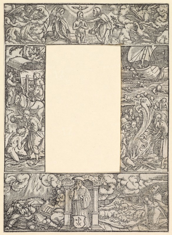 Title enclosure of four parts with the baptism of Christ and scenes from the Acts of the Apostles, 1523, woodcuts, sheet: 15.8 x 11.4 cm, U. M. inscribed: DIGITO COMPESCE LABELLVM (Tame the lips with the finger), u, ., r: H · L · FVR, completely u., M. Coat of arms with Hermes Four, Hans Holbein d. J., Augsburg um 1497/98–1543 London, Hans Lützelburger, Formschneider, um 1495–1526