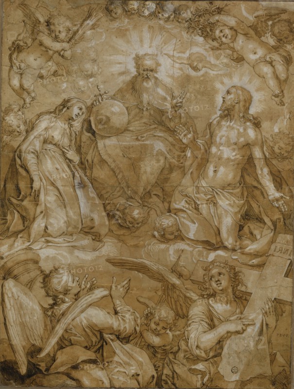 Intercession of Christ and Mary before God the Father, c. 1615, feather (dark brown), gray-brown washed and heightened with white, on brownish-tinted paper, foliage: 41.1 x 30.5 cm, inscribed l.u., mirror image: F.B.V.F., Abraham Bloemaert, Gorinchem 1564–1651 Utrecht