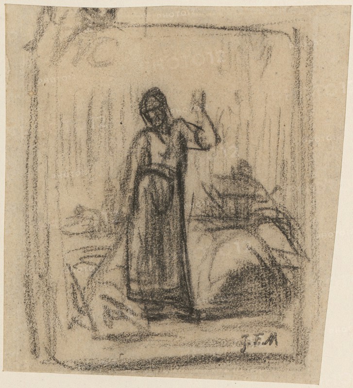 Farmer's wife with rake in front of a hinted landscape background, chalk, sheet: 10.8 x 8.7 cm |, Leaf: 11.3 x 10.2 cm (largest dimension), not labeled, Jean-François Millet, Gruchy bei Gréville 1814–1875 Barbizon