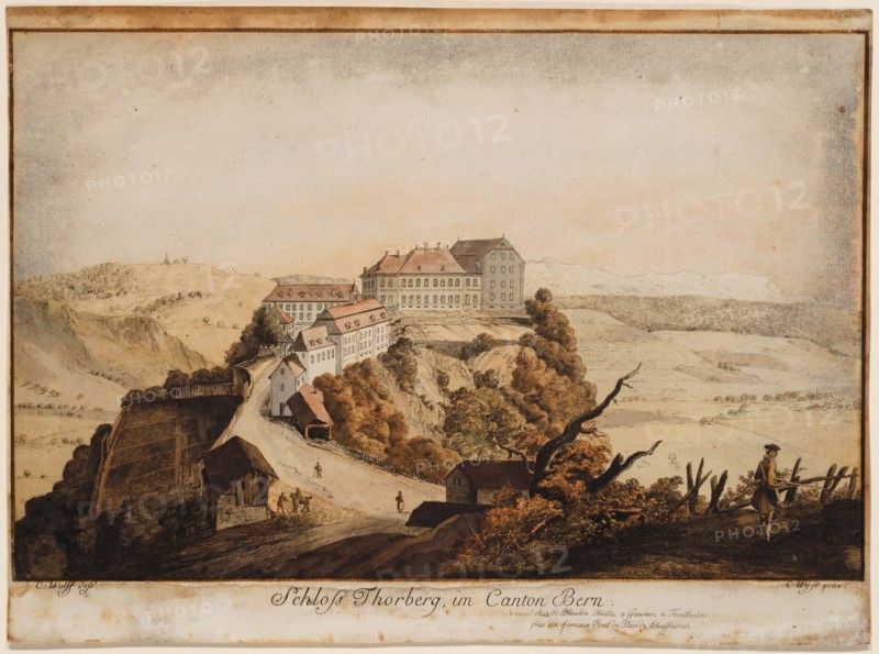 Thorberg Castle, in Canton Bern, etching, colored, sheet: 19.8 x 30.1 cm, Caspar Wolf, Inventor, Muri/Aargau 1735–1783 Heidelberg, Caspar Leontius Wyss, Stecher, Emmen um 1762–1798 Mannheim