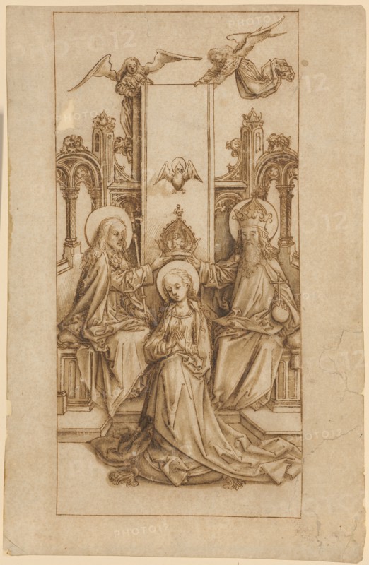 The Coronation of Mary, c. 1490, brown feather, brown washed, sheet: 31 x 20.4 cm, unsigned, Hans Holbein d. Ä., Augsburg um 1460/65–1524