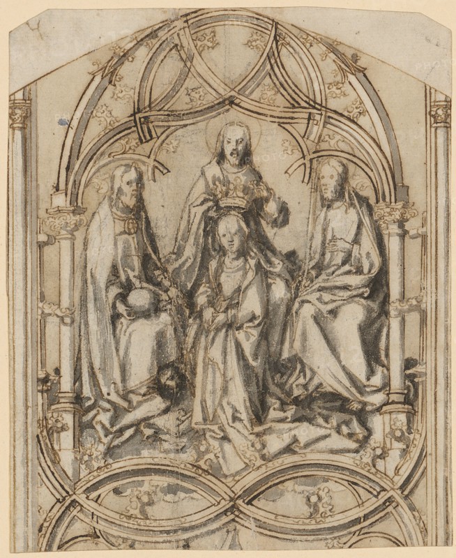 Coronation of the Virgin Mary, feather in brown, traces of a chalk outline, gray wash, background formerly yellowish watercolored (faded), image: 15.2 x 12.4 cm, unsigned, Hans Holbein d. Ä., Augsburg um 1460/65–1524