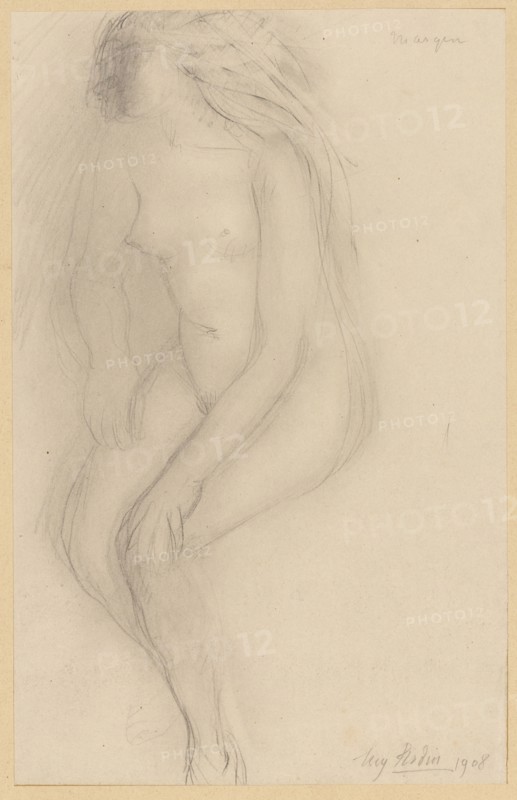 Sitting female nude with head turned away, 1908, pencil, wiped, sheet: 31.1 x 14.8 cm, U. r., signed and dated: Aug. Rodin 1908, o. r., designated: Masque, Auguste Rodin, Paris 1840–1917 Meudon