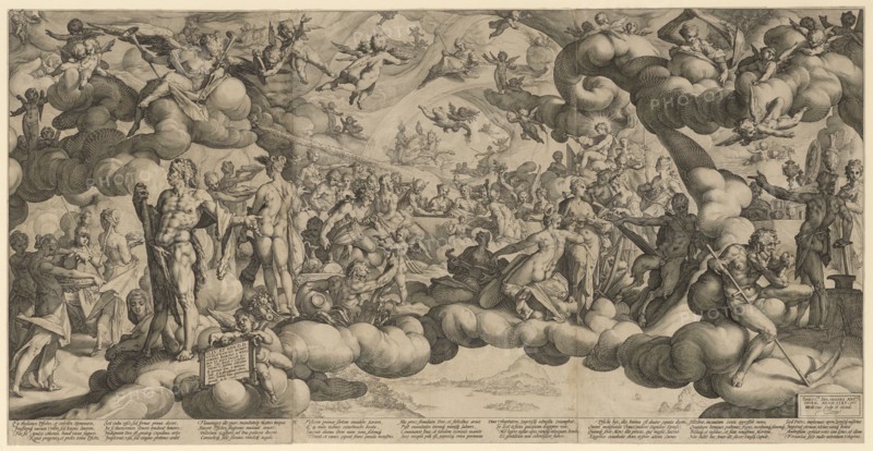 The Wedding of Amor and Psyche, 1587, copperplate engraving (from three plates), on three sheets, paper glued together, sheet: 43.7 x 85.6 cm (total), U. M. l., on blackboard: ILLV: ET GEN.D.D., WOLFGANGO RVMPF, LIBERO BARONI A WIEL-, ROS ET WEITTRACH, Hendrick Goltzius, Stecher, Mühlbrecht 1558–1617 Haarlem, Bartholomäus Spranger, Inventor, Antwerpen 1546–1611 Prag