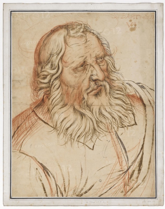 The apostle Bartholomew, around 1585, brush in brown and gray, red chalk, firmly wound, leaf: 55.2 x 42.8 cm, O. r., marked with red chalk: S. BARTHOLO, VI., Hendrick Goltzius, Mühlbrecht 1558–1617 Haarlem