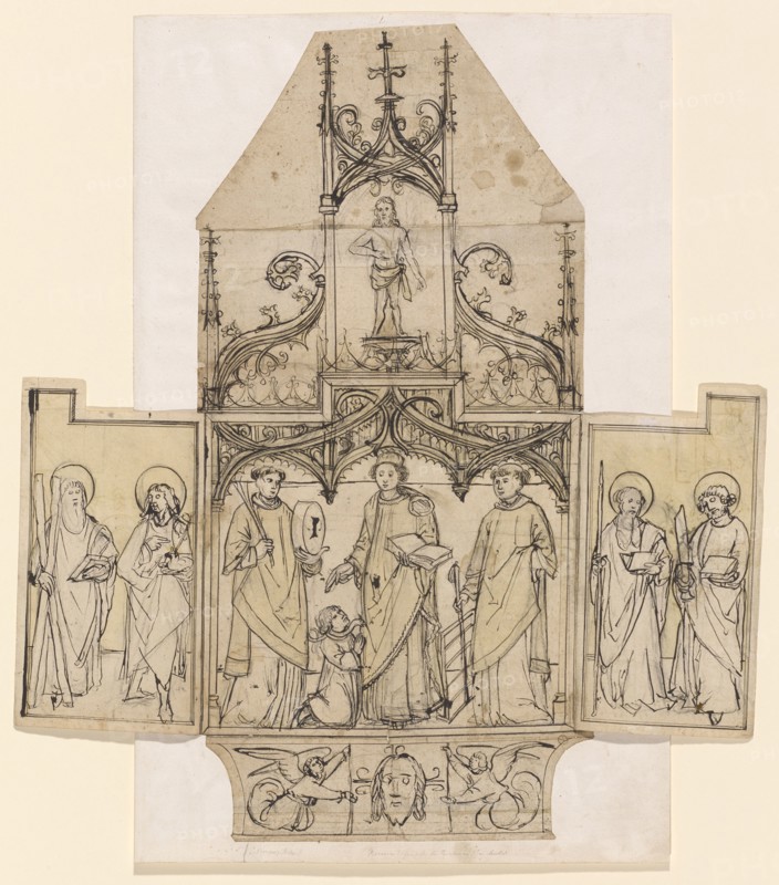 Design for a winged altar, around 1500, feather and brush in dark brown, over black chalk (or charcoal), inside of the altar in places yellowish washed, center part cut out and firmly mounted on support, part of the conversation and predella adorned, wing mounted so that, they can be opened and closed, sheet: 62.6 x 29.9 cm (middle section) |, Sheet: 26.8 x 15.8 cm (left wing) |, Leaf: 26.9 x 15.5 cm (right wing), Not referenced, Anonym, Oberrhein, um 1500