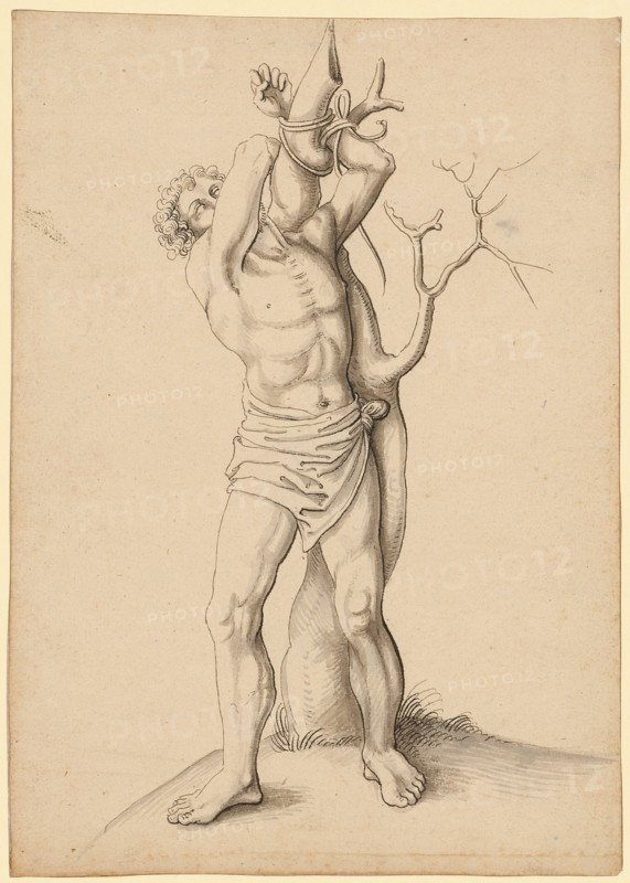 Martyr bound to a tree, pen in black, gray washed, Journal: 22 x 15.5 cm, Unmarked, Jörg Schweiger, (zugeschrieben / attributed to), Augsburg 1470/80 –1533/34 Basel