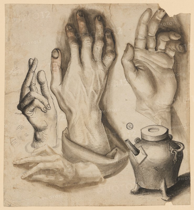 Four studies of hands and a cauldron, c. 1500, pen in brown and black, gray-brown washed, some red chalk, laminated, leaf: 22.2 x 20.5 cm, unsigned, Anonym, Süddeutschland (Oberrhein?), um 1500