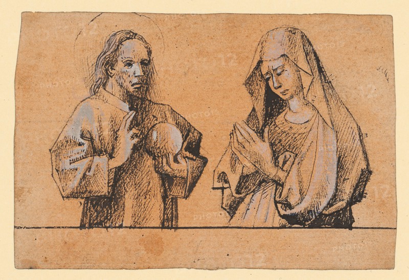 Christ as Salvator and Mary in half-figures, c. 1460/70, pen and brush in black, heightened with a brush white, on reddish-tinted paper, page: 9.6 x 14.2 cm, Not indicated, Anonym, Süddeutschland, um 1460/70