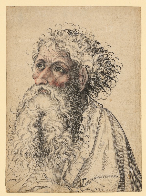 Half-length portrait of a bearded man, left, c. 1470/80, pen in black, gray and bluish-washed, red chalk or red chalk, page: 15.5 x 11.3 cm, unsigned, Anonym, Oberrhein (Elsass), um 1470/80