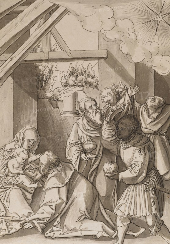 The Adoration of the Magi, feather in black, greyish-brown washed, page: 23.3 x 16.5 cm, unsigned, Jörg Schweiger, (zugeschrieben / attributed to), Augsburg 1470/80 –1533/34 Basel