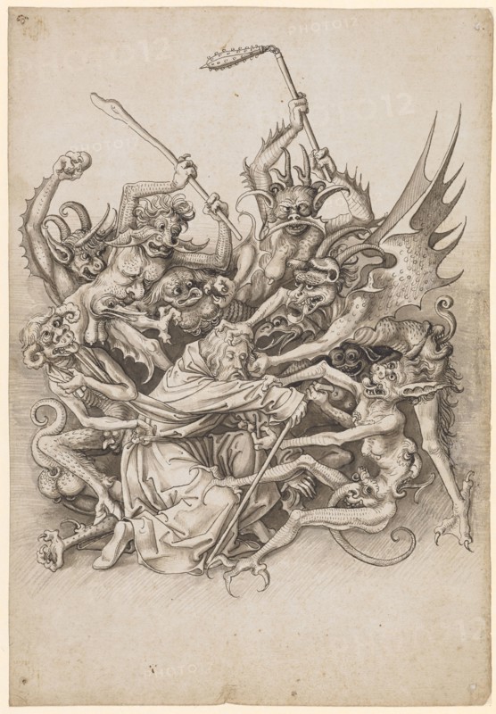 The torment of St., Antonius by demons, feather in dark brown, greyish brown washed, Journal: 31.1 x 21.5 cm, Unmarked, Jörg Schweiger, (zugeschrieben / attributed to), Augsburg 1470/80 –1533/34 Basel