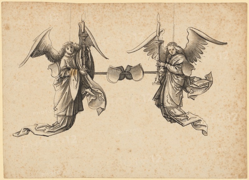 Candlestick design with two angels, feather in dark brown, gray-brown washed, page: 15.3 x 21.1 cm, unsigned, Hans Holbein d. Ä., Augsburg um 1460/65–1524