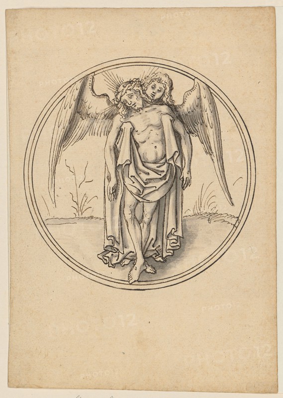 The dead Christ supported by an angel, feather in black, gray wash, sheet: 15.5 x 11.1 cm |, Image: 9.5 cm (diameter), Not marked, Jörg Schweiger, (zugeschrieben / attributed to), Augsburg 1470/80 –1533/34 Basel