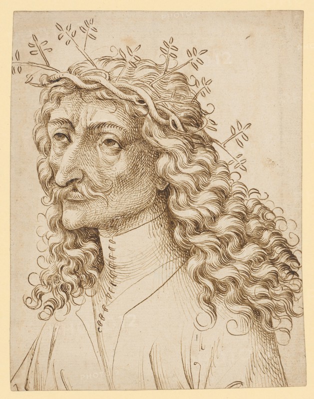 Half-length portrait of a garlanded man with long curly hair, left, c. 1470/80, brown feather, sheet: 18.5 x 14.4 cm, unsigned, Anonym, Oberrhein (Elsass), um 1470/80