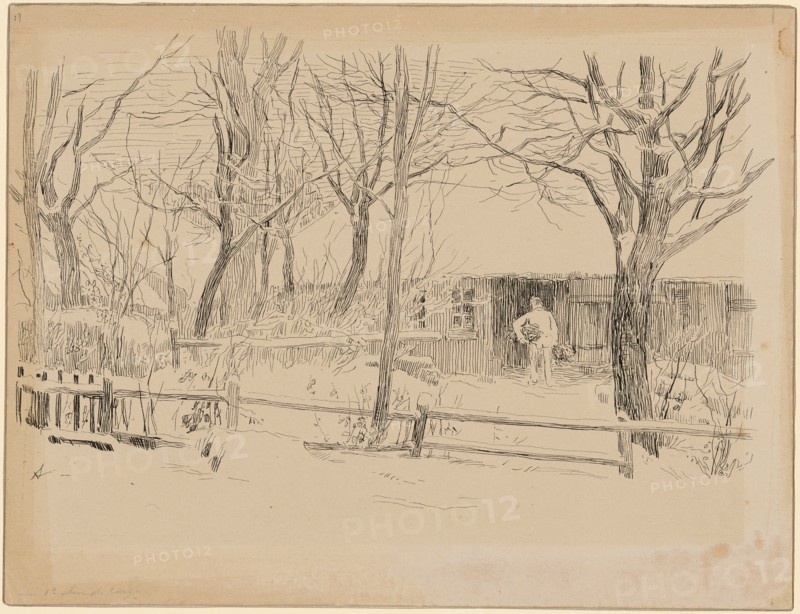 Dursli with two bundles of wood in front of his house., Illustrated illustration for Jeremias Gotthelf, Dursli the spirits runner or Christmas Eve, in: Selected works, second part, La Chaux-de-Fonds: F. Zahn (c. 1900), p. 334, 1893-1896, pen in black on light beige cardboard, verso: feather in black, leaf: 18.4 x 24.2 cm, O. l., numbered in pencil: 17, u, ., l, ., marked with pen in black: A, below marked in pencil: aux 12 ctm de large, on the back u., l, ., inscribed in pencil: z Dursli, le buveur, d'eau de vie, u., r., in pencil: 18180, Albert Anker, Ins/Bern 1831–1910 Ins/Bern