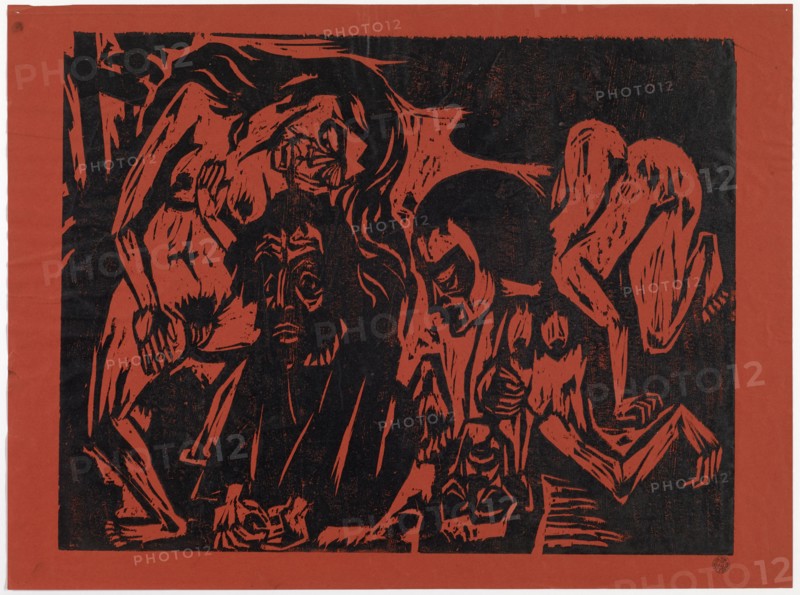 Temptation of Anthony, 1924, woodcut on red paper, sheet: approx. 47.5 x 63.7 cm |, Picture: about 42 x 54.7 cm, not marked, Hermann Scherer, Rümmingen/Baden-Württemberg 1893–1927 Basel