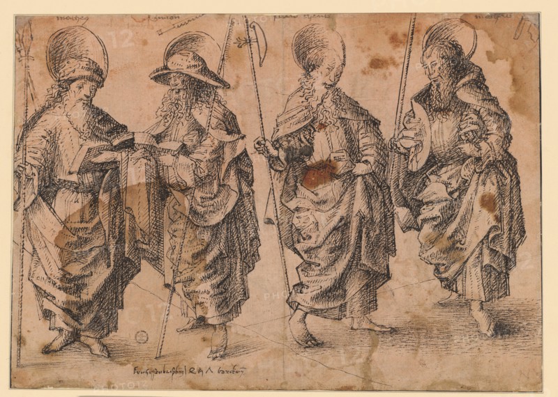 Four standing apostles: Matthew, Simon, Judas Thaddäus (?), Matthias, 1457 (?), Feather in black, on reddish-tinted paper, later additions with a paler feather, folia: 20.8 x 29.3 cm, O. each above the figures with, Pen inscribed: math [us], Simon, [, Cut, ], Mathia, below the figure of Simon: Frichissen beißbrg., 1457 torckem [?!, verso: thaman, Philip, [us], John, partholome, [us], Anonym, Süddeutschland, 1457 (?)