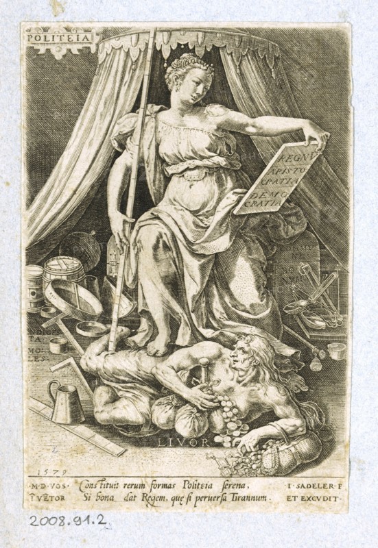 Personification of Politics (Politeia), 1579, copperplate engraving on paper, sheet: ca. 14 x 9 cm, O. l., in a cartouche: POLITEIA, further inscriptions in the illustration, u, ., l, ., dated: 1579, below the image Text field with two lines: Constituit rerum [...], Ibid., signed: .M.D.VOS., I [N] VE [N] GATE, r .: .I.SADELER.F., ET EXCVDIT, Marten de Vos, Inventor, Antwerpen 1532–1603 Antwerpen, Johannes Sadeler I, Stecher und Verleger, Brüssel 1550–1600 Venedig (?)