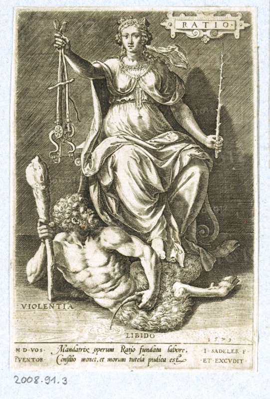 Personification of Reason (Ratio), 1579, copperplate engraving on paper, folia: appr. 14 x 9 cm, O. r., in a cartouche: RATIO ., further inscriptions in the illustration, u, ., r., dated: 1579, below the image text field with two lines: Mandatrix operum [...], Ibid., signed: .M.D.VOS., I [N] VENTOR, r .: .I.SADELER.F., .ET., EXCVDIT, ., Marten de Vos, Inventor, Antwerpen 1532–1603 Antwerpen, Johannes Sadeler I, Stecher und Verleger, Brüssel 1550–1600 Venedig (?)