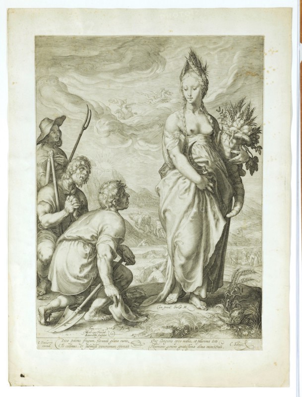 Cult of Ceres, 1596 (imprint before 1656), copperplate, plate: 45 x 32.7 cm |, Leaf: 45 x 32.7 cm, U. l., dated and inscribed: Anno., 1596., HGoltzius [HG lig.] Inuent., JSanredam [JS lig.] Sculptor ., u, ., M. numbered: I ., under the feet of Ceres: Cum privil., Sæ, ., CAE, ., M ., l, ., under the image field: C. Dankerts, excud ., M .: Diva potens frugum, fæcundi gloria ruris, Te colimus, te submissi veneramur, opimas, Que largiris opes nobis, et plurima toti, Humano generi gratissima dona ministras ., r .: C. Already [a] eus., Hendrick Goltzius, Inventor, Mühlbrecht 1558–1617 Haarlem, Jan Saenredam, Stecher, Zaandam 1565–1607 Assendelft, Cornelis I. Danckerts, Verleger, Amsterdam 1604–1656 Amsterdam