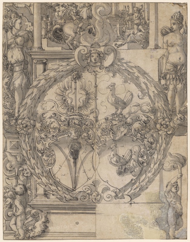 Broken glass with the alliance coat of arms Bischoff-Han, flanked above by Europe and America, in the upper image sacrificial death of Marcus Curtius, around 1590, pen in black, gray washed, mounted, sheet: 34 x 26 cm, color information, Hans Jakob Plepp, Biel um 1557/60 – 1597/98 wohl in Bern