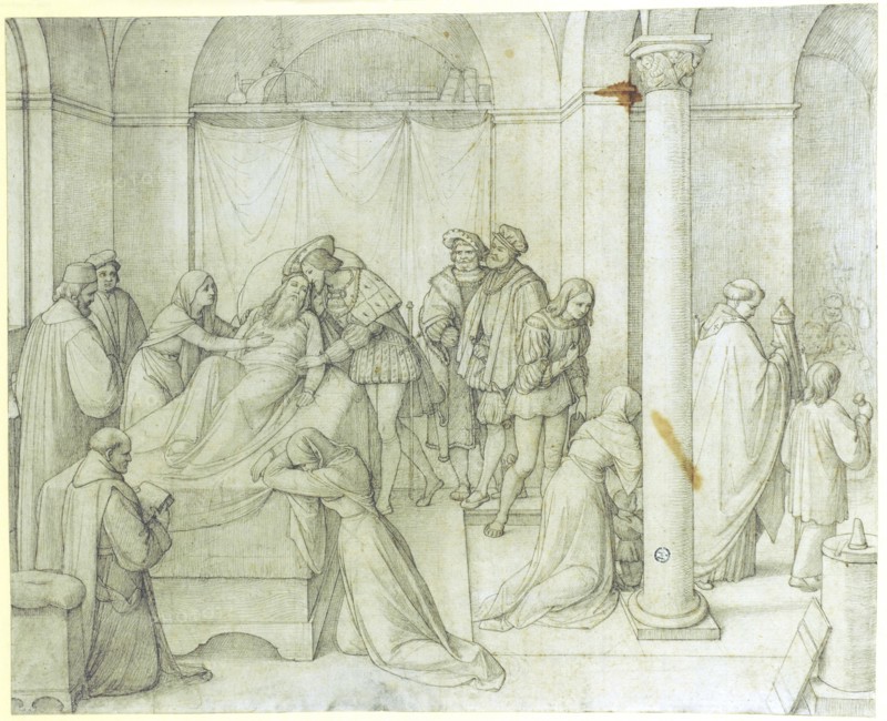 The death of Leonardo da Vinci in the arms of Francis I of France, 1816, pencil, in places strongly gripped by break with blackened back, sheet: 33.2 x 41.3 cm, unmarked, Friedrich Overbeck, Lübeck 1789–1869 Rom
