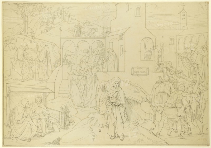Vita Sanctae Marinae (The Life of St. Marina), 1838, pen and brush in gray and black over pencil, Edging line with pen in black, sheet: 50 x 71.4 cm |, Image: 49 x 70.6 cm, Centered on a blackboard with pen inscribed: VITA, SANCTAE MARINAE, Edward Jakob von Steinle, Wien 1810–1886 Frankfurt