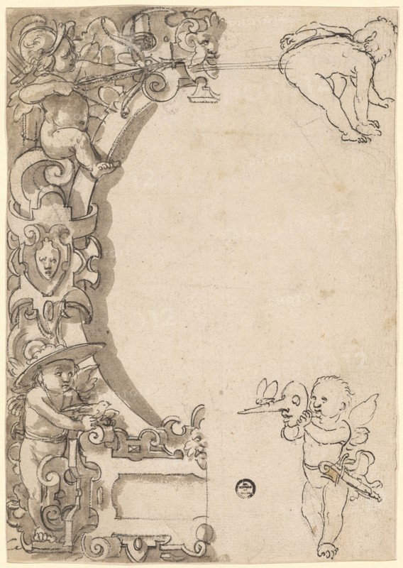 Broken glass with oval frame and empty middle picture, in the corners putti, c. 1570/75, feather in black, brown washed, remains of a preliminary drawing with black pencil, sheet: 20.6 x 14.5 cm, unsigned, Hans Brand, Basel 1552–1577/78 (?) Basel