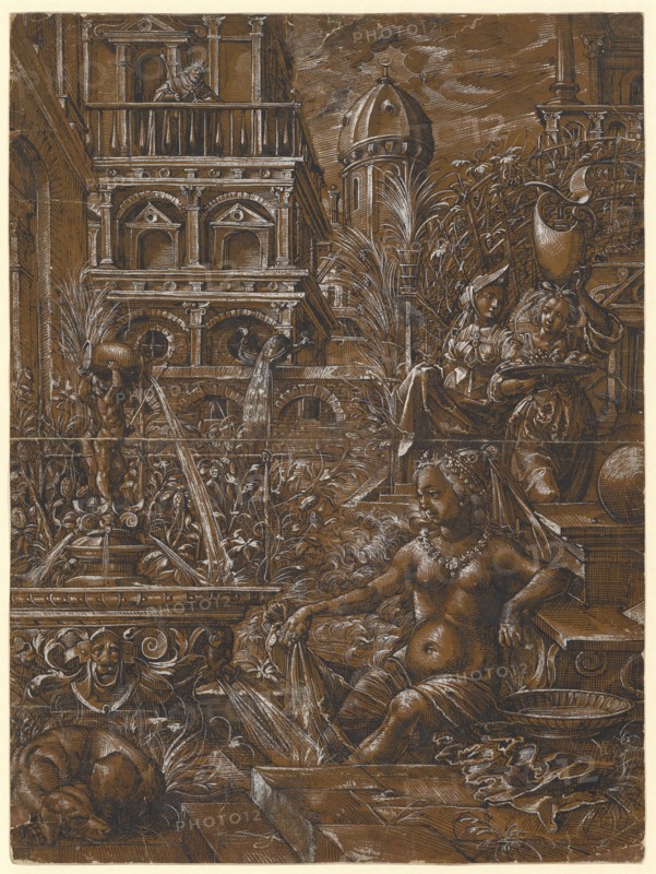 Bathsheba in Bath, 1578, feather in black, heightened with white, on dark brown primed paper, folia: 38.9 x 29 cm, U. dated on the step: 1578, including remains of a monogram: DLM [lig.], Daniel Lindtmayer d. J., Schaffhausen 1552–1603 Stans