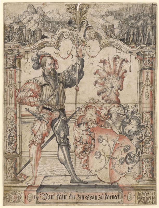 Disc tear with warrior as a shield companion and the coat of arms of Beat Cold Dorneck, Vogt of Solothurn, in the Oberbild siege of a castle (Dorneck?), 1557, feather in black, gray washed, in places with pink and olive green watercolors, old laminated, page: 44.2, x 33.4 cm |, Image: 43.4 x 32.8 cm, U. r., monogrammed on the pillar: LR [lig.], u, ., in the cartouche inscribed: Batt., Cold., the ., tremble., Vogtt., too., Dorneck, ., l, ., and r., dated: 15 57, Ludwig Ringler, Basel 1536–1606 Basel