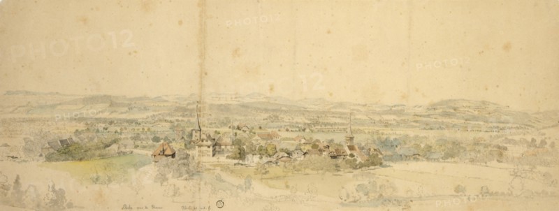 View of Belp near Bern, around 1760/80, pencil, watercolored, page: 20.4 x 54.1 cm, inscription lower left of the center: Belp pres de Berne, to the right of it signature: Aberli ad., nat., f, ., Johann Ludwig Aberli, Winterthur 1723–1786 Bern