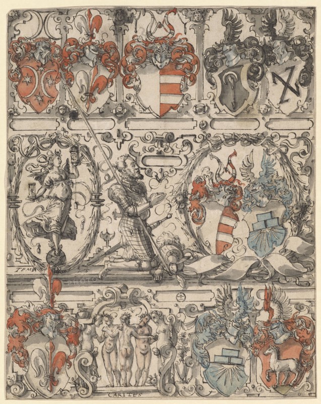 Broken glass with kneeling knight, accompanied by Tempus, and the alliance crest Gebhardt-Kriegelstein (crack for Hans Wernhardt Gebhardt 1558-1605), 1588/90, feather in black, gray washed, in places with red, blue and pink watercolors, sheet: 29.5 x, 23.5 cm, each below the figures inscribed: TEMPVS, CARITES, Hans Jakob Plepp, Biel um 1557/60 – 1597/98 wohl in Bern