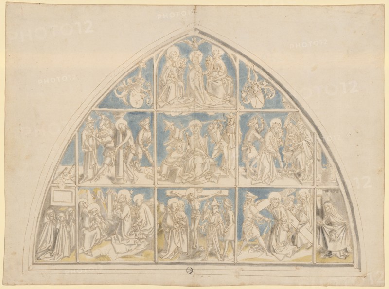 Passion scenes and recording Mariae in the sky, feather in brown, gray washed, blue (backgrounds) and green (ground) watercolored, page: 31.6 x 42.6 cm, unsigned, Hans Holbein d. Ä., (Werkstatt / workshop), Augsburg um 1460/65–1524