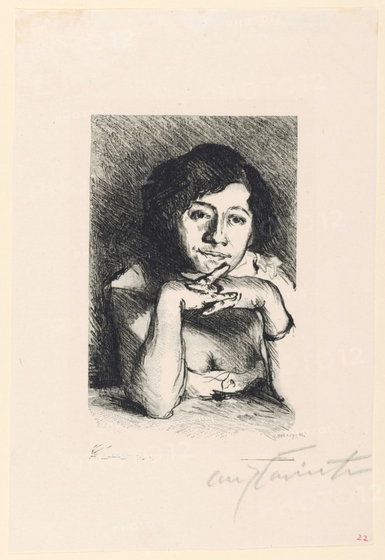 Portrait of a Woman, 1911, wood engraving, black: 15 prints, sheet: 21.9 x 14.8 cm |, Picture: approx. 13 x 8.5 cm, in print r., Signed below: R. Hoberg sc [... unreadable [, r., Signed below in pencil: Lovis Corinth, Lovis Corinth, Entwerfer, Tapiau/Ostpreussen (heute Gwardjesk, Russland) 1858–1925 Zandvoort, Reinhold Hoberg, Stecher, Berlin 1859–1932 Zingst