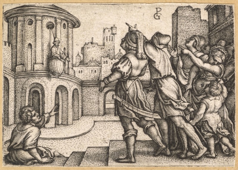 Vergil in the basket, around 1541/42, copperplate engraving on paper, mounted in adhesive tape, sheet: 5.8 x 8.2 cm (largest mass) |, Plate: 5.7 x 8.2 cm, O. r., monogrammed: GP [ligated], Georg Pencz, Nürnberg um 1500–1550 Leipzig