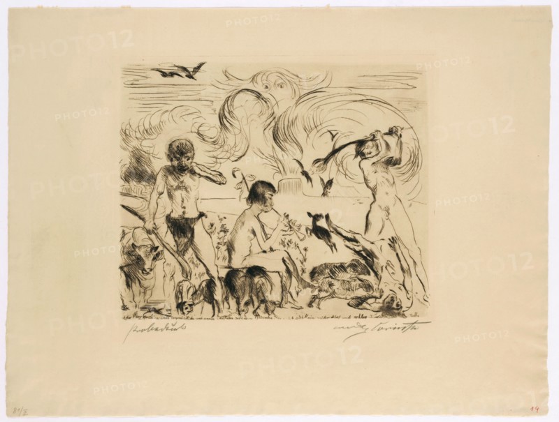 Fratricide, 1911, drypoint on Zanders laid paper (Wz r.), Proof, 2nd condition (from 2), sheet: 37.5 x 49.5 cm (largest mass) |, Image: 23 x 28 cm, L. inscribed with a pencil in pencil: proof, r., Signed below: Lovis Corinth, Lovis Corinth, Tapiau/Ostpreussen (heute Gwardjesk, Russland) 1858–1925 Zandvoort