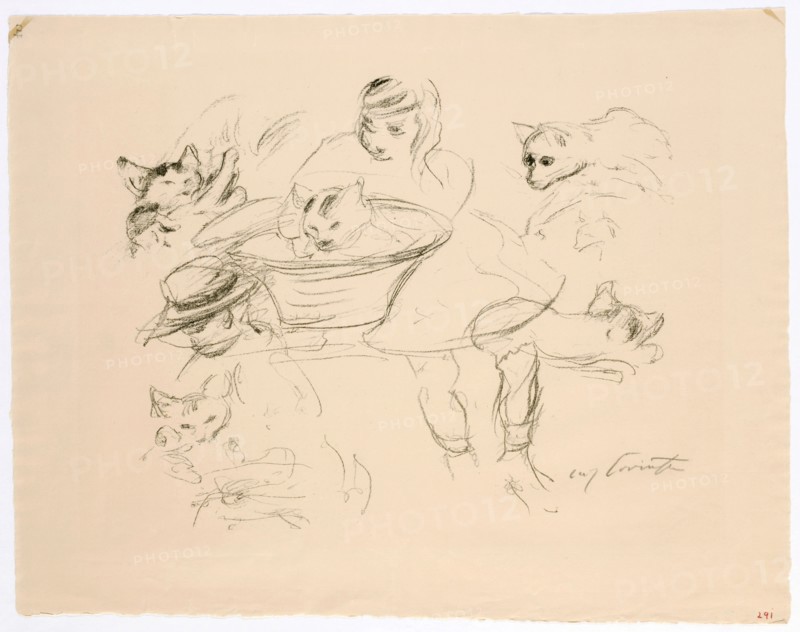 Two girls with cats, lithograph (watermark: BERGISCH, GLADBACH), sheet: 40.5 x 51.5 cm (largest mass), R. under the illustration signed in pencil: Lovis Corinth, Lovis Corinth, Tapiau/Ostpreussen (heute Gwardjesk, Russland) 1858–1925 Zandvoort