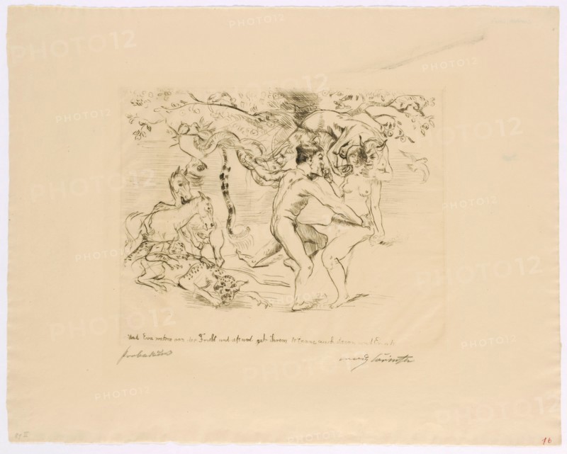 Fall of Man, 1911, drypoint (WZ: J W. ZANDERS), proof, only condition, leaf: 39 x 49.4 cm |, Plate: 24.3 x 30.1 cm, inscribed in the plate in the middle below within the representation: And Eve took of the fruit and ass and gave her husband also of it and he ass ., r., signed in pencil with the inscription: Lovis Corinth, l, ., under the representation in pencil designates: proof, Lovis Corinth, Tapiau/Ostpreussen (heute Gwardjesk, Russland) 1858–1925 Zandvoort