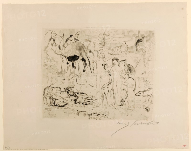 Paradise, 1911, drypoint (watermark: H ANTIQUE), [which condition?], Folia: 38 x 48.1 cm (largest mass) |, Plate:., 24.8 x 29.8 cm, in the plate u., inscribed in the middle: PARADISE ., r., Signed below in pencil: Lovis Corinth, Lovis Corinth, Tapiau/Ostpreussen (heute Gwardjesk, Russland) 1858–1925 Zandvoort